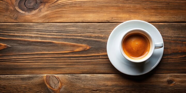 Top view of a cup of espresso coffee on wooden table background