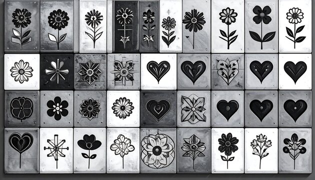 Abstract monochrome tile pattern with flowers and hearts