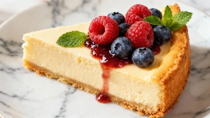 A delectable slice of creamy cheesecake, adorned with fresh raspberries, blueberries, and a drizzle of sweet berry sauce, sits invitingly on a marble plate.