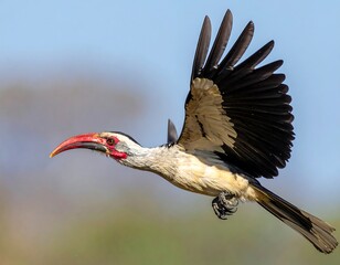 A hornbill in flight against a light sky