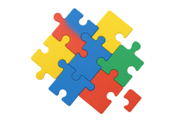 Colorful puzzle pieces mostly assembled, isolated on transparent background
