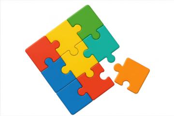 Colorful puzzle pieces, one detached, isolated on transparent background