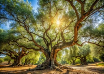 Obraz premium A majestic olive tree branch with a sturdy trunk and twisted limbs stretching towards the sky