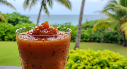 Tropical fruit smoothie on a balcony overlooking the ocean.