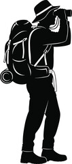 Adventure silhouette, hiker with backpack, outdoor explorer, binoculars view, nature trekking, wilderness travel, camping gear, mountain journey, vector illustration, stock art