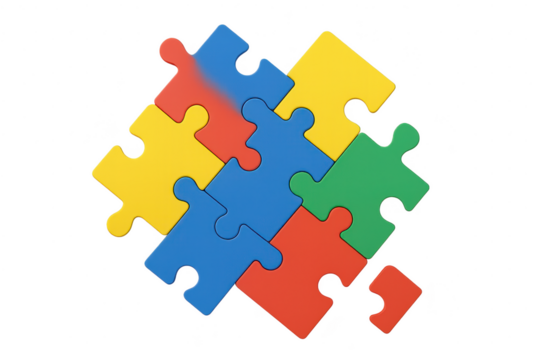 Colorful puzzle pieces mostly assembled, isolated on transparent background