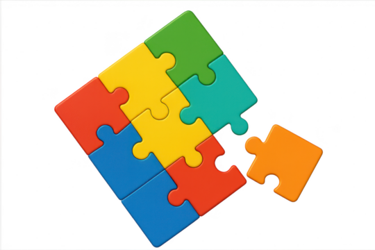 Colorful puzzle pieces, one detached, isolated on transparent background