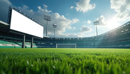 Green football field with bright stadium lights under cloudy sky. Large empty billboard awaits advertising. Goalpost visible on grassy pitch. Perfect for sports promotions, event announcements, game