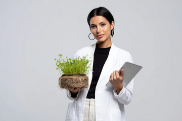 Businesswoman Holding Plant and Tablet: Sustainability in Tech.
