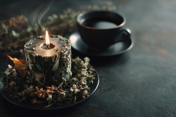 Aromatic Candle and Herbal Tea on Rustic Table - Tranquil Still Life.