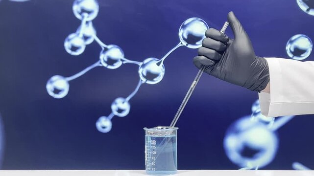 Filling and emptying a glass pipette in beaker with blue liquid, molecular structure background