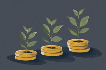 Growing Plants on Coins Representing Financial Growth and Investment Success.