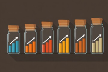 Glass Jars with Growing Business Graphs on Brown Background.