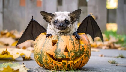 Cute bat-winged creature in a carved pumpkin