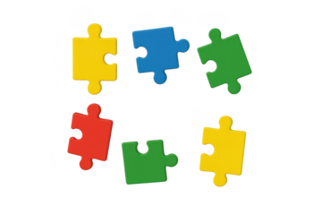 Six vibrant colorful puzzle pieces isolated on transparent background