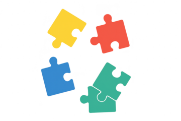 Four vibrant colorful jigsaw puzzle pieces isolated on transparent background