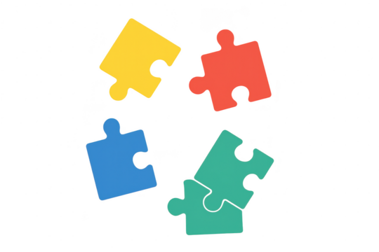 Four vibrant colorful jigsaw puzzle pieces isolated on transparent background