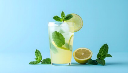 Fototapeta premium Bright citrus lemonade with fresh green leaves high resolution photo