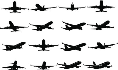 Airplane silhouette vector set, aircraft icons in flight, front and side views, commercial jet shapes, aviation graphic for stock illustration
