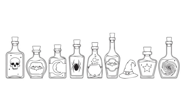 Collection of mysterious potion bottles with unique labels and designs silhouette