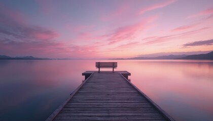 Fototapeta premium Wooden dock extends into calm lake at dawn. Pink, purple sky reflects on water. Bench on pier at sunset, sunrise, calm lake, creating serene, peaceful scene. Tranquil nature, harmony, meditation,