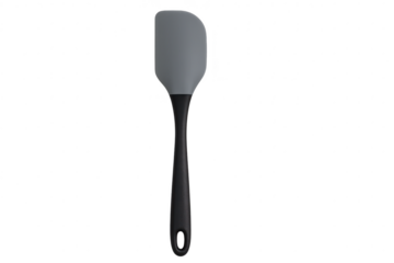 Grey and black silicone spatula kitchen utensil isolated on transparent background.