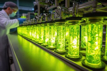 Scientist Conducting Biofuel Research in Lab with Green Glowing Vials.