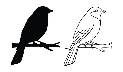 Black silhouette and outline of a bird perched on a branch black and white