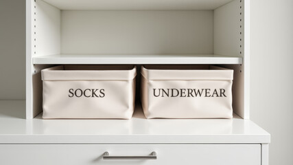 Drawer with labeled boxes for socks and underwear in modern closet