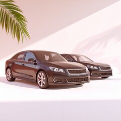 cars for display, car for middle class employee, palm leaves shadow