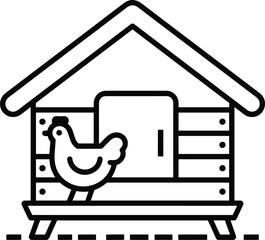 Black outline icon of a chicken coop with a chicken standing outside hen house poultry © SUMAIA