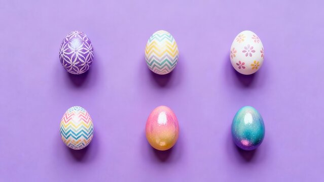 Colorful decorated eggs arranged in a symmetrical pattern on a vibrant purple background create a joyful Easter display.