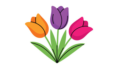 Obraz premium Three stylized tulips in orange purple and pink with green leaves flower floral