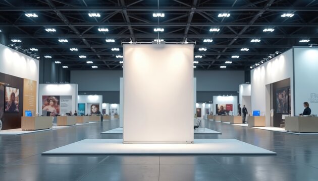 Blank pop-up banner mockup in modern exhibition hall. Empty display space for trade show marketing presentation advertising. Minimalistic business setup for convention or event branding.
