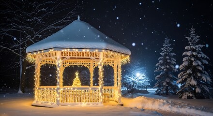 A charming gazebo adorned with twinkling lights stands amidst a snowy landscape, creating a magical winter scene under the night sky with gentle snowfall