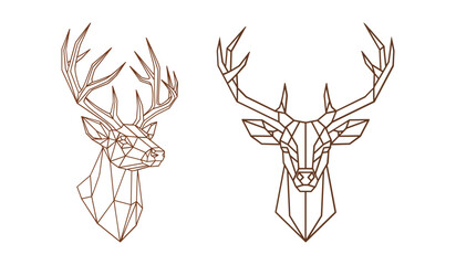 Two geometric deer head outlines in brown on white background stag polygonal