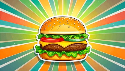 Cartoon hamburger graphic on colorful rays
