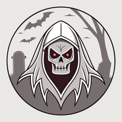 Grim reaper with red eyes in a graveyard with bats flying around, a spooky halloween illustration in a circle isolated on white background