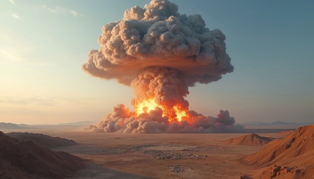 Massive mushroom cloud explosion erupts over barren desert landscape. Intense orange fire, dark smoke billow into sky. Nuclear war, devastation, catastrophic impact. Threat of atomic weapon,