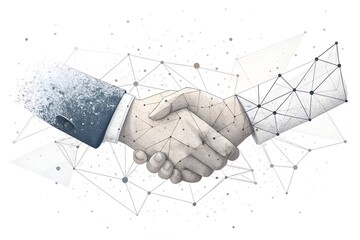 Abstract digital handshake symbolizing trust and business partnership with geometric network connections