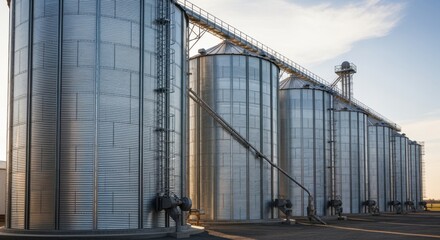 Fototapeta premium Medium shot of large metal silos gleaming in the sunlight showcasing efficient soybean storage designed to keep beans dry and fresh over time.
