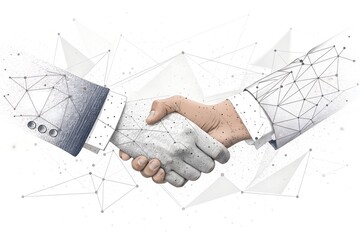Abstract digital handshake symbolizing trust and business partnership with geometric network connections
