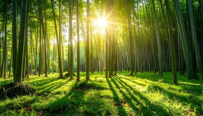 Sunlight streams through bamboo forest
