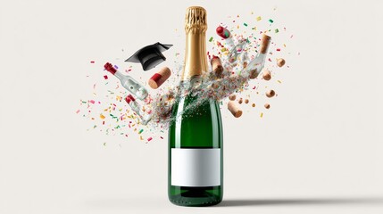 Champagne bottle exploding with colorful confetti, cork flying, and graduation cap, creating a festive atmosphere for celebration, symbolizing achievement and success in life events