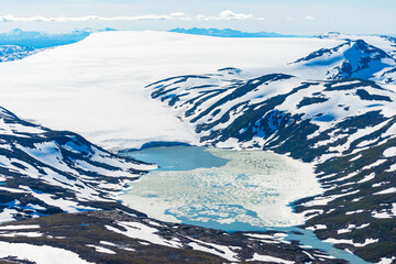 Majestic Blåmannsisen glacier with serene lake and rugged mountains in Norway