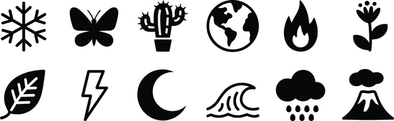 Diverse collection of black nature and element icons on a white background elements