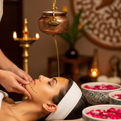 Ayurvedic facial therapy with oil pouring, wellness treatment, spa relaxation