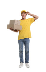 Young courier with parcel on white background