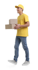 Young courier with parcels on white background