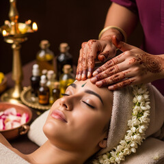 Ayurvedic Face Massage A woman receiving a traditional head massage at a spa.
